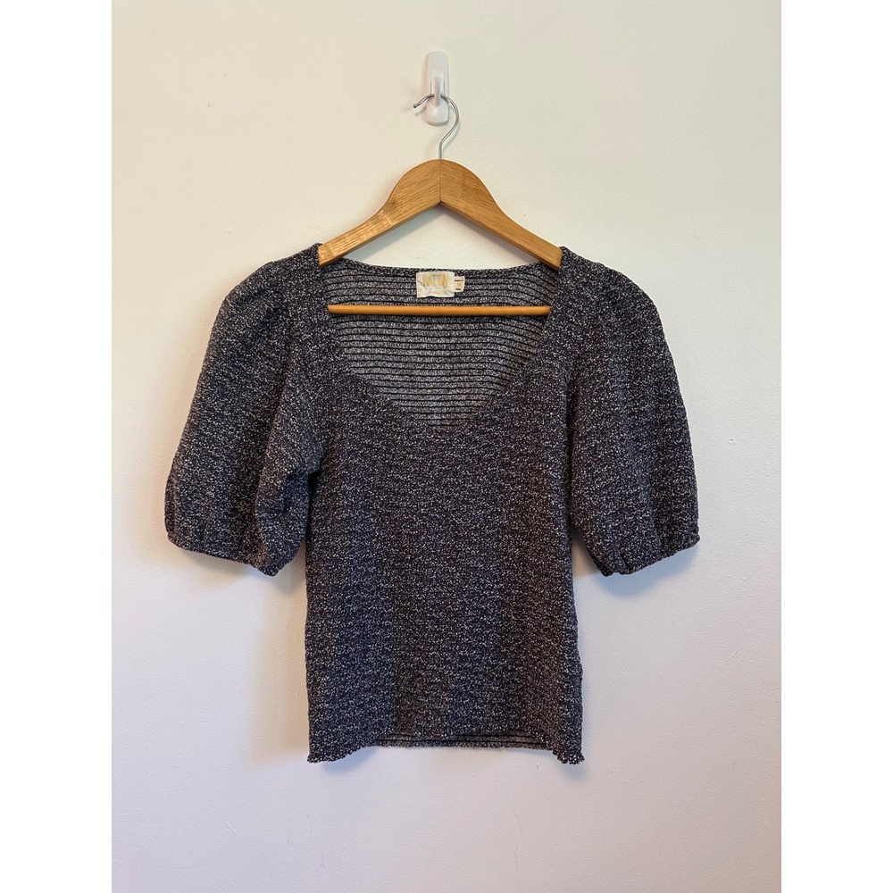 Nation LTD Charcoal Smocked Pima Cotton Puff Sleeve Scoop Neck Top | Size Medium